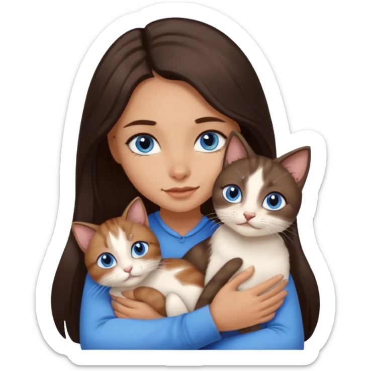 a pretty girl with long dark 
brown hair, with blue eyes, hugs 3 different natural coloured small cats sticker