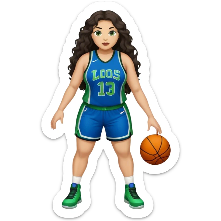 Full Body light skin Latino plus size full figured women basketball player with long wavy dark hair  full face  wearing blue and green uniform sticker