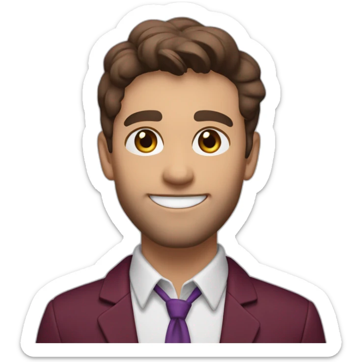 white young teacher, brown eyes and short brown hair with short brown beard. Smiling. Wearing burgundy blazer and collarless white shirt. Wearing a purple lanyard sticker