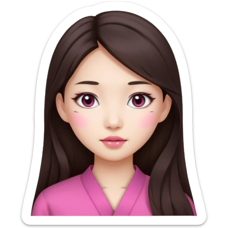 Asian girl with long brunette hair, white skin, makeup pink natural  sticker