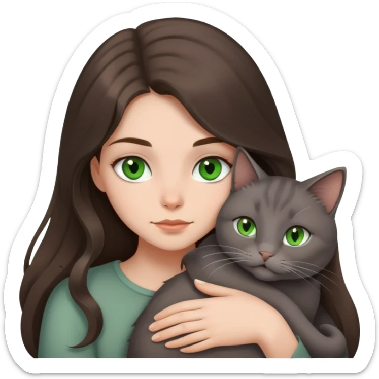 Brunette girl with long hair and green eyes snuggling a Smokey gray cat  sticker