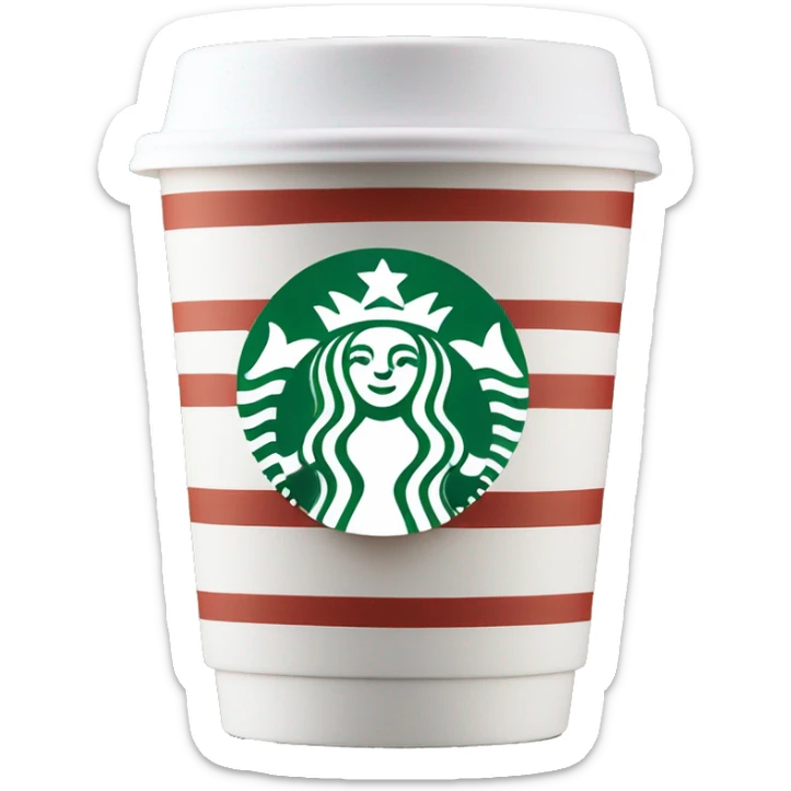 A Starbucks coffee cup with red and green stripes and the Starbucks logo on the front, white lid sticker