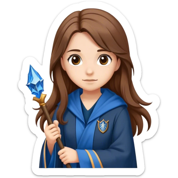 Girl with Long Brown Hair and a ravenclaw rope and a wand sticker