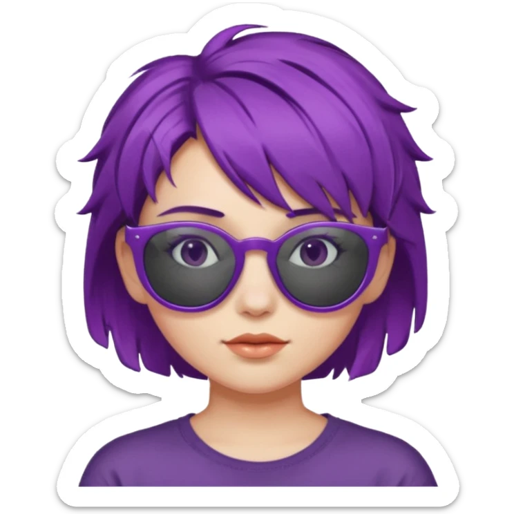 girl with short messy purple hair and sunglasses above head sticker