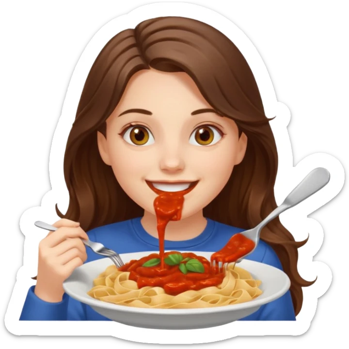 smiling white long brunette hair girl with hazel eyes eating pasta sticker