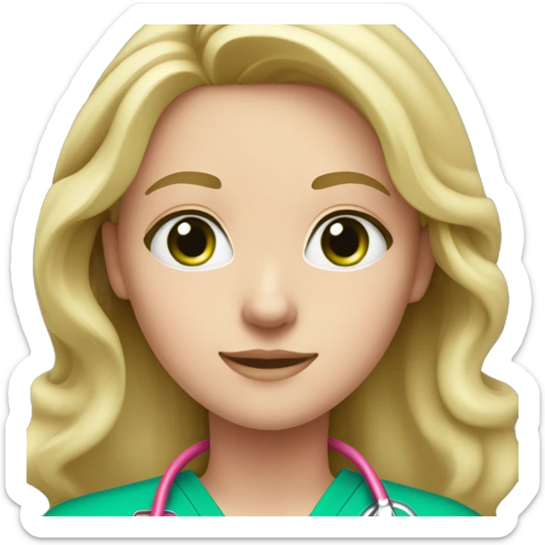 pale blonde girl with long wavy hair and green eyes wearing pink scrubs and stethoscope  sticker