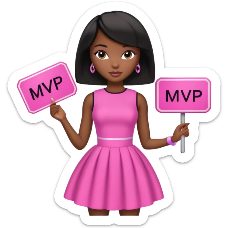 Black barbie, short  black bob  hair, pink dress with a sign that says mvp sticker