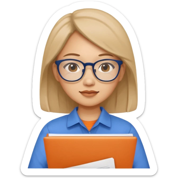 An asian woman with papers and laptop wearing glasses in blue and orange shirt sticker