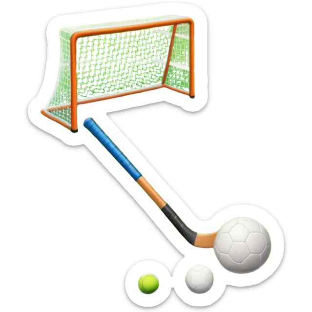 A field hockey stick and ball resting on a well-maintained green grass field, with the goalposts and markings visible in the background. The scene highlights the precision and focus of the grass facture, with the vibrant green pitch creating a dynamic atmosphere. sticker