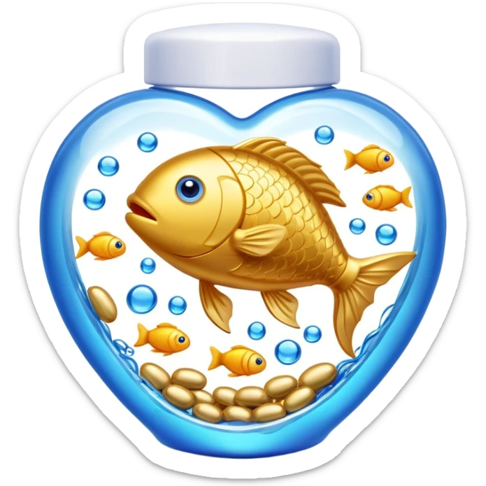 Golden omega-3 fish oil capsule with small fish swimming around it, blue liquid waves, brain and heart benefits visualization sticker