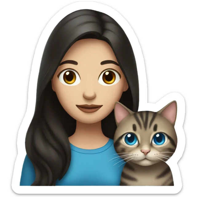 Woman with dark long hair and blue eyes holding a tabby cat  sticker