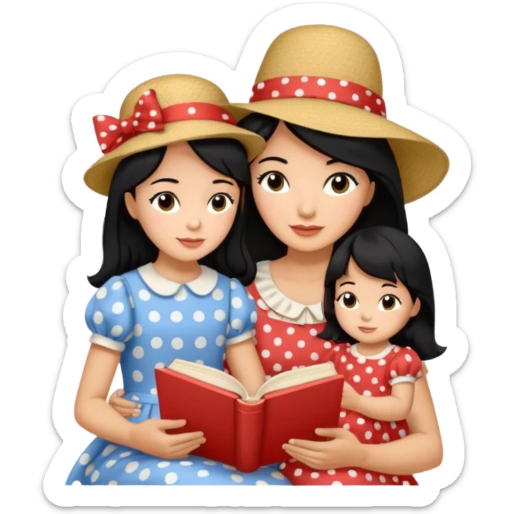 A black hair mother in a ribboned hat wearing polka dot dress reading a storybook to her child. sticker