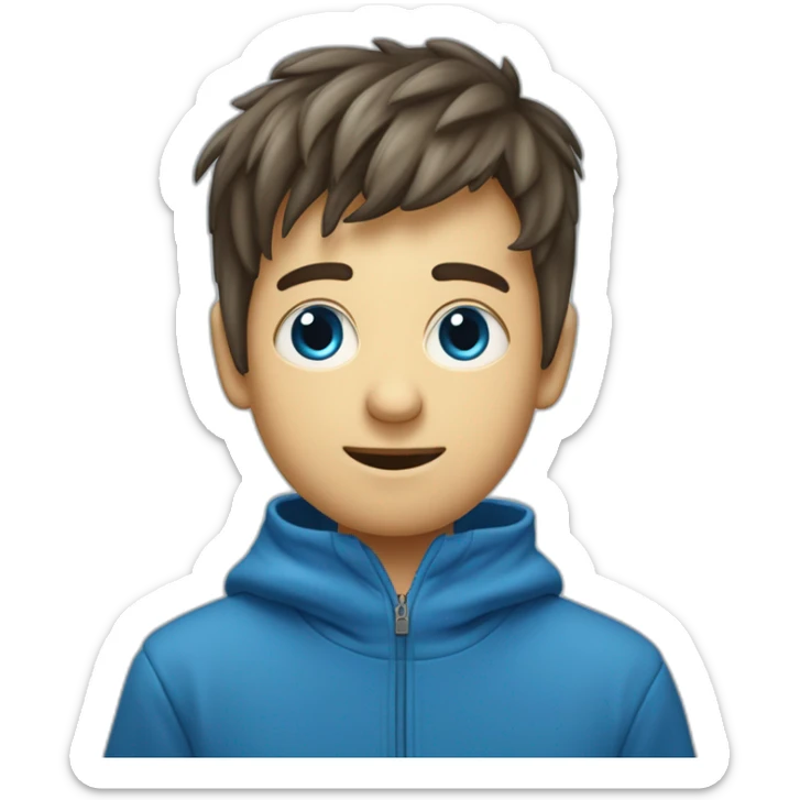 Un garçon aux cheveux châtains foncé lui arrivant aux épaules avec une frange à gauche lui tombant sur l'oeil avec les yeux bleus portant un sweat à capuche bleu qui pleure de rire sticker