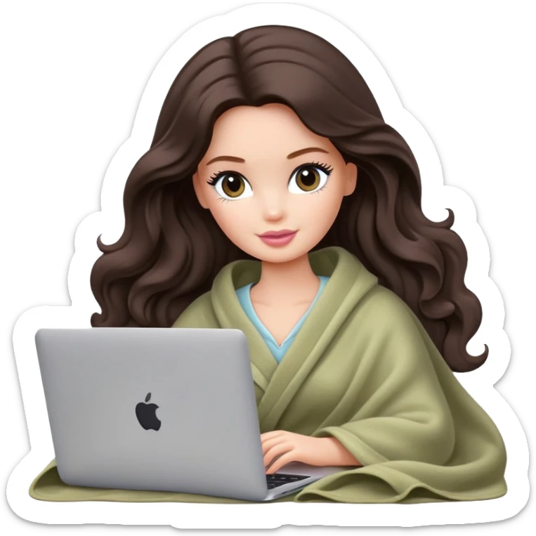 Barbie girl with a long wavy dark brown hair inside a pale olive blanket working macbook  sticker