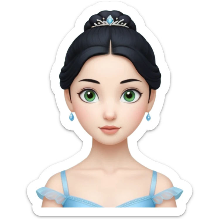 Cinematic Realistic ballerina Medium Blue Portrait, depicted with lifelike skin texture, subtle rosy undertones, and soft natural lighting that enhances the gentle contours of her face. Her intricately detailed sweet black hair is elegantly styled, green eyes sticker