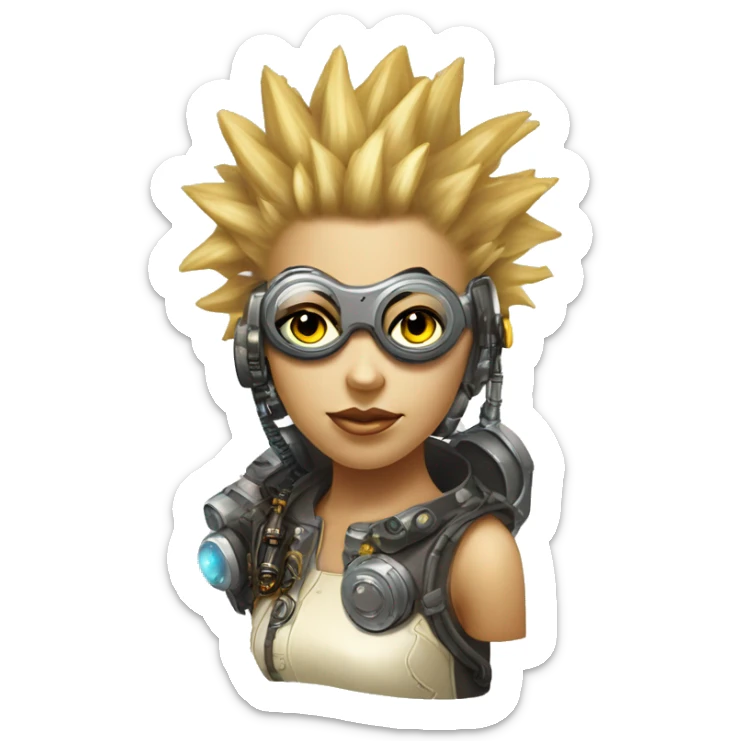 Light yellow Mohawk hair female cyborg head, tan skin, steampunk goggles and circuits sticker