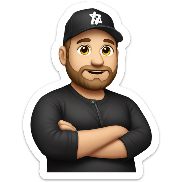 Fat Jewish man in his 30s wearing black trucker hat that says Founder sticker