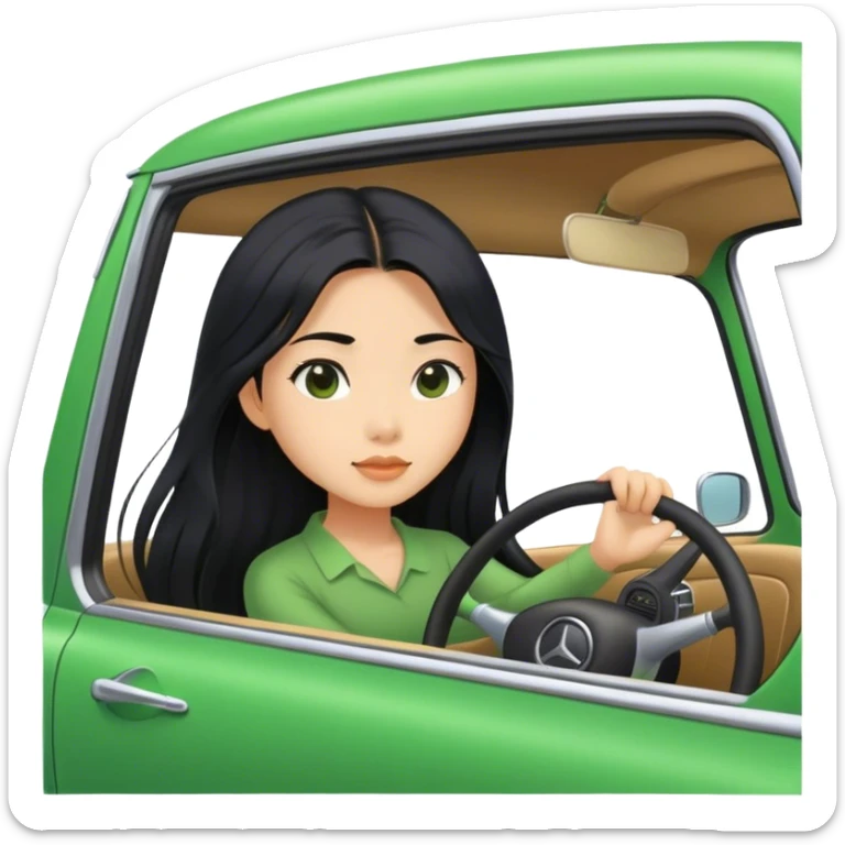 Long hair asian girl driving on her way in a green car  sticker