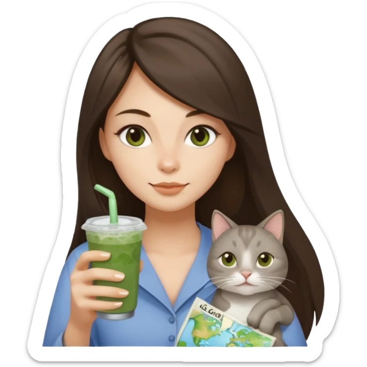 a brunette woman with long hair in here 30S drinking an iced matcha, carrying a grey cat and a map of the world sticker
