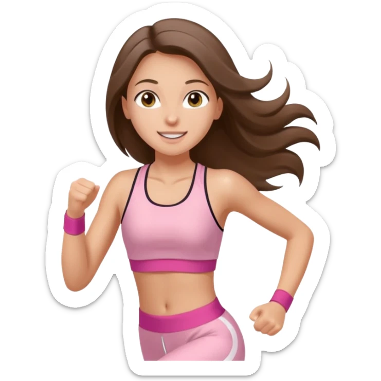 white happy brunette teen long hair with hazel eyes in light pink workout clothes jogging through race finish line sticker
