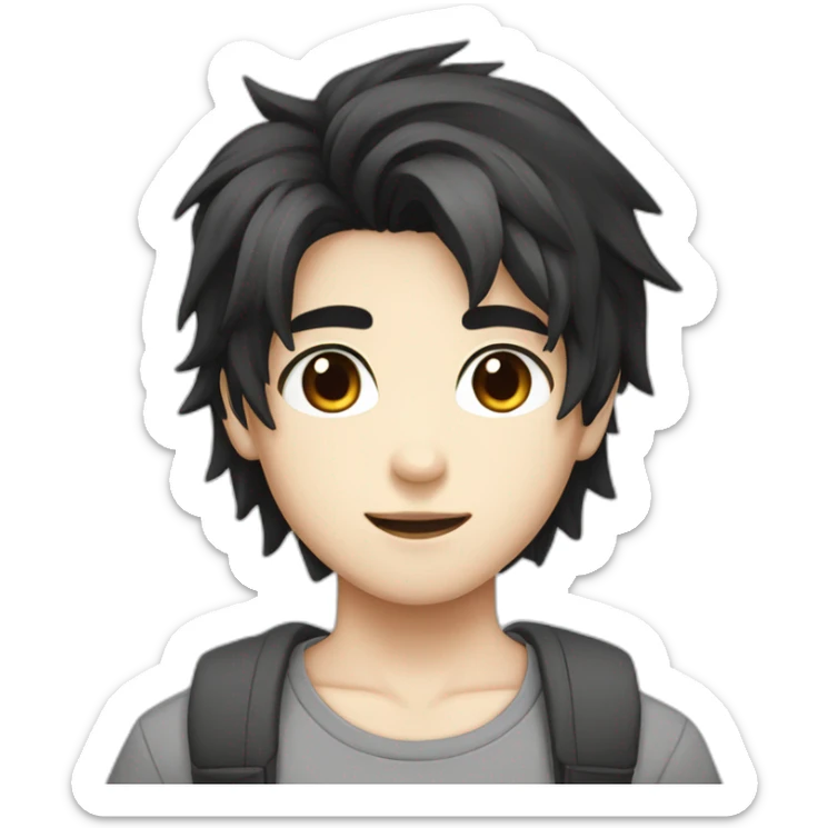 Boy white skin black hair brown eyes gray t-shirt anime style sticker