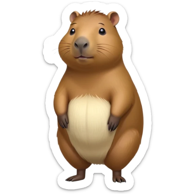 cinematic-capybara-realistic-full-body-on-standing-emoji,-plump-and-relaxed-body-soaking-in-the-warm-sun,-short-brown-fur-slightly-ruffled,-head-tilted-dramatically,-calm-expressive-eyes-exuding-serene-wisdom,-simplified-yet-realistic sticker