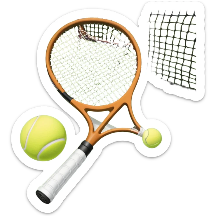 A tennis racket and ball positioned on a grass court, with the net and lines clearly visible in the background. The scene emphasizes the classic elements of the sport, capturing the energy and precision of a tennis match. sticker