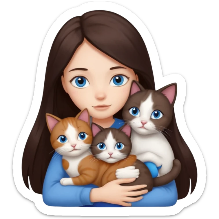 a girl with long dark 
brown hair, with blue eyes, hugs 3 different natural coloured cats sticker