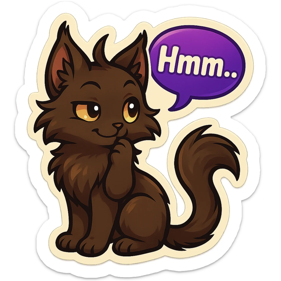 a dark-brown fluffy cute kawaii anime cat with tufted ears and a long thin tufted tail, thinking, smirking thoughtfully, saying “Hmm..” with a purple speech bubble, (cartoon style) (furry style) (deviantArt style) (artist style: Kamirah) sticker