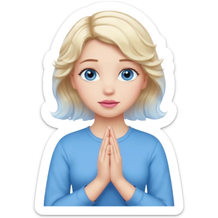 Girl Blonde short wavy hair,  blue eyes, cute blue top, long lashes, pink lips, praying hands sticker