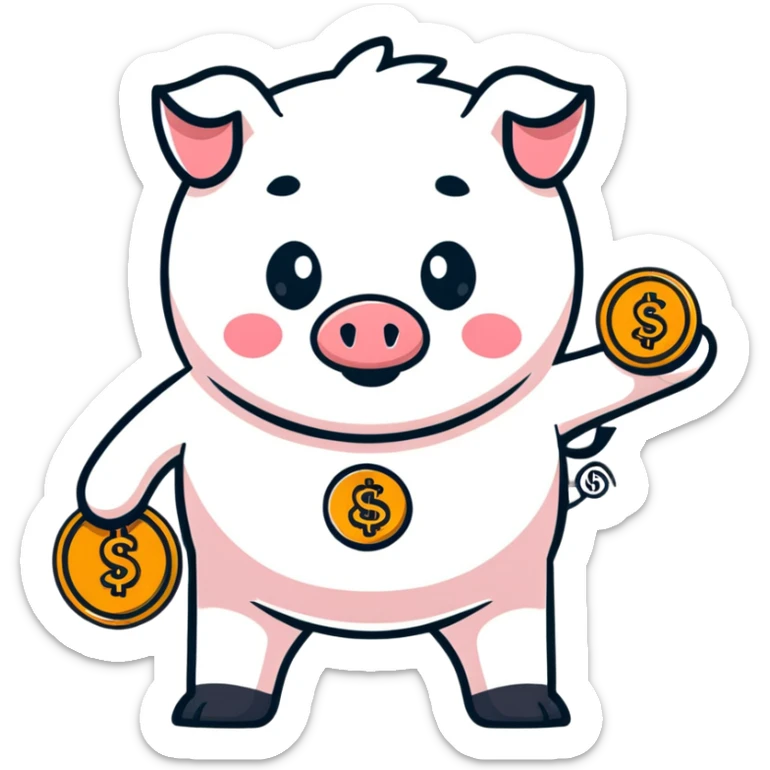 cute penny coin mascot with arms and legs, holding a piggy bank, financial advisor character sticker