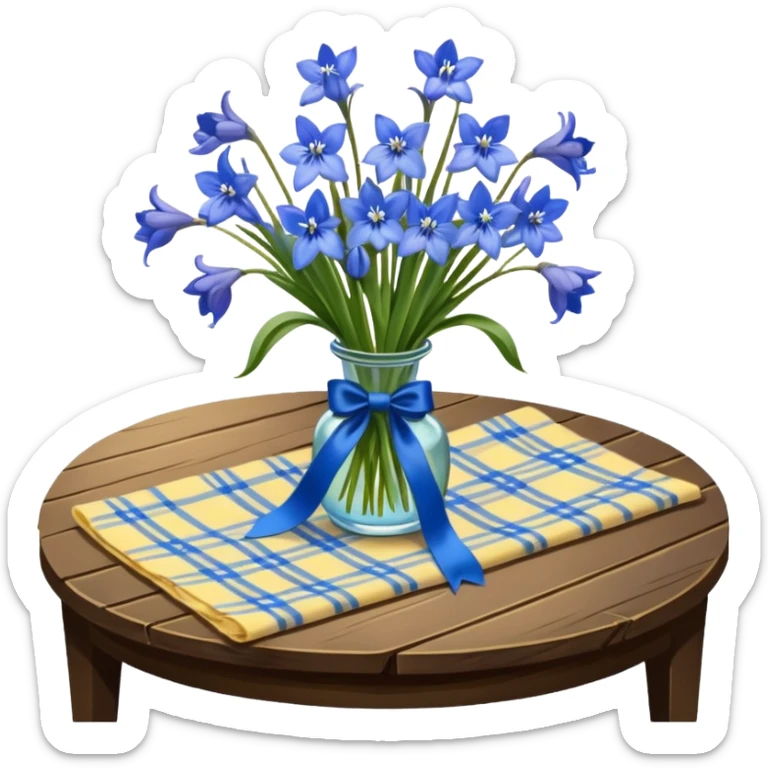 A lush bouquet of bright blue color bluebell black satin ribbon, resting on an antique wooden table, with a pale yellow and pink plaid pattern table cloth sticker