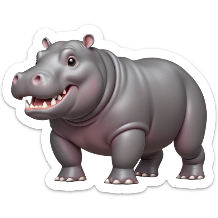 cinematic-hippo-realistic-full-body side view-standing on all fours-emoji,-massive-round-frame,-wide-mouthed-grin-exposing-huge-teeth,-head-tilted-dramatically,-thick-greyish-brown-hide-glossy-from-water,-simplified-yet-realistic-focused-features,-highly-detailed,-glowing-with-an-almost-sarcastic-glow sticker
