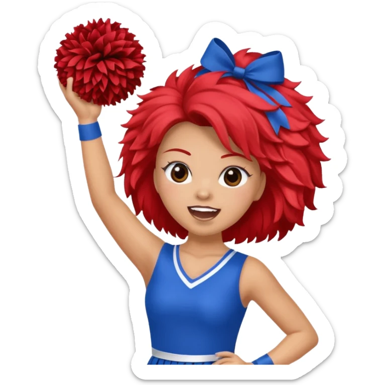 football cheerleader, holding big cheering pom, blue dress and red skin sticker