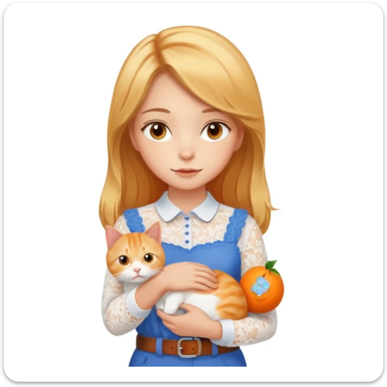 A very beautiful girl with honey-blond hair and kind eyes. She has medium-length hair, is wearing a white lace blouse, blue pants, and a brown belt, and is holding an orange cat.
 sticker