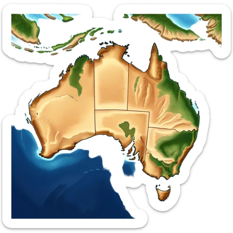 Outline and Landmass of Australia – Cinematic-realistic map of Australia, featuring its distinct coastline and iconic landmass shape. The deep blue ocean surrounds the golden-brown continent, with subtle topographic details highlighting its vast deserts, lush forests, and rugged coastline. A soft glow accentuates the edges, making the shape unmistakable. sticker