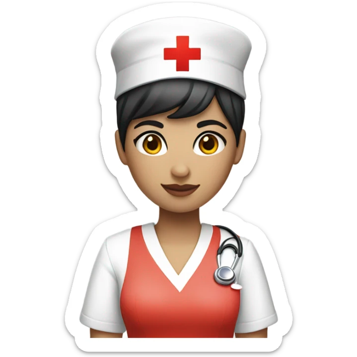 pixie cut black straight hair female nurse with red cross sign hat wearing dress
pale skin color sticker