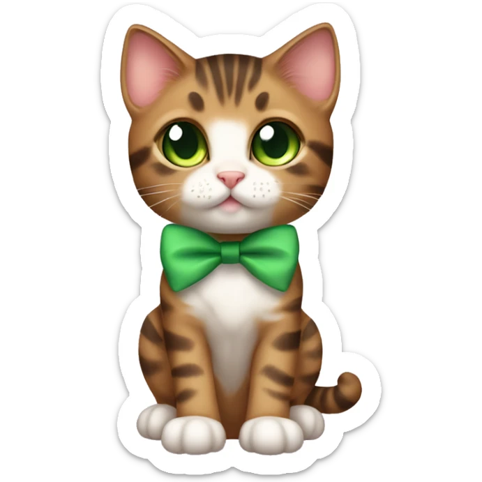 kawaii brown tabby kitten with green eyes and bow on top of head full body sticker