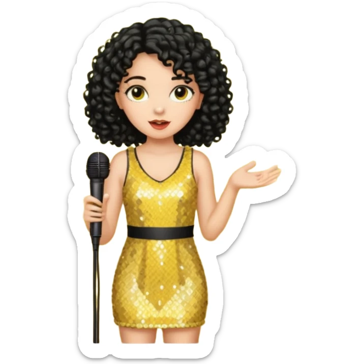 girl in yellow blink dress, black curly hair, holding a mic



















 sticker
