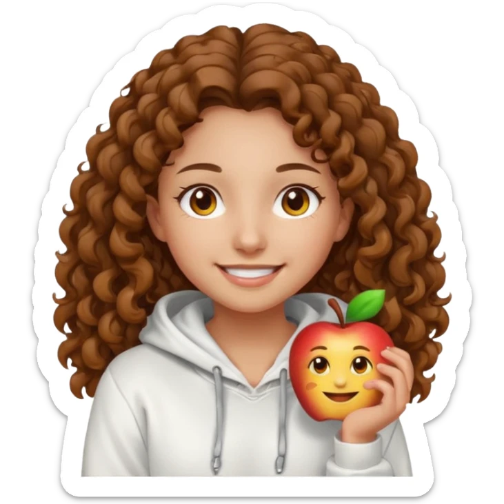 Una ragazza con una felpa semplice bianca,ha gli occhi marroni,i capelli marroni  , c’è gli ha lunghi e ricci  e ha le ciglia lo stile dell immagine deve essere  stile emoji apple sticker