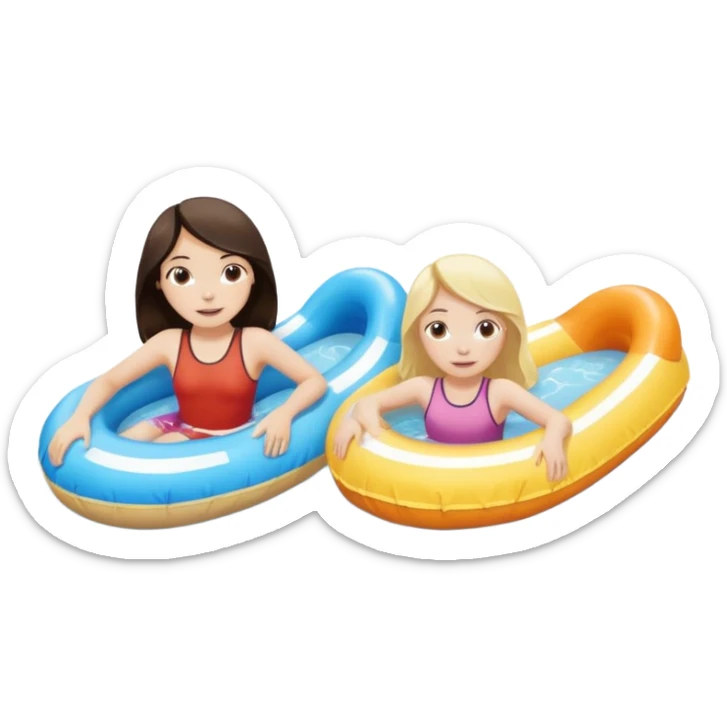 dark brown haired girl pale skin and blonde haired girl on the lazy river water slide 2 different circle floaties  sticker