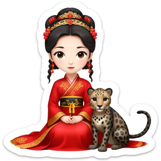 A beautiful girl in red Hanfu wedding dress sits on the ground holding a black leopard sticker
