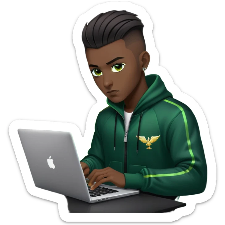 male with dark hair, wearing a black palm angels tracksuit, high fade haircut, slick back hairstyle, green eyes, green aura, coding on black laptop sticker