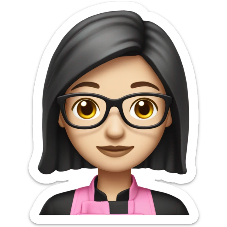 long brunette hair girl with pale skin and black glasses and a pink chef outfit sticker