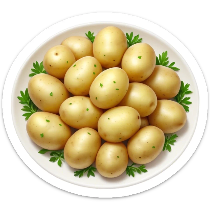 Cinematic realistic emoji depicting a dish of boiled potatoes with fresh herbs, made with realistic details and bright natural lighting sticker