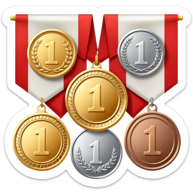 Icon for Collecting Orders, Medals & Badges: a variety of medals, orders and badges displayed on a large red pennant with fringed edges. The icon should convey the prestige and historical value of these collectibles. Transparent background. sticker