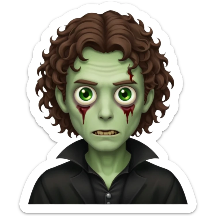 long curly haired male zombie with brown hair color and green eye color, with dark vampire clothes sticker