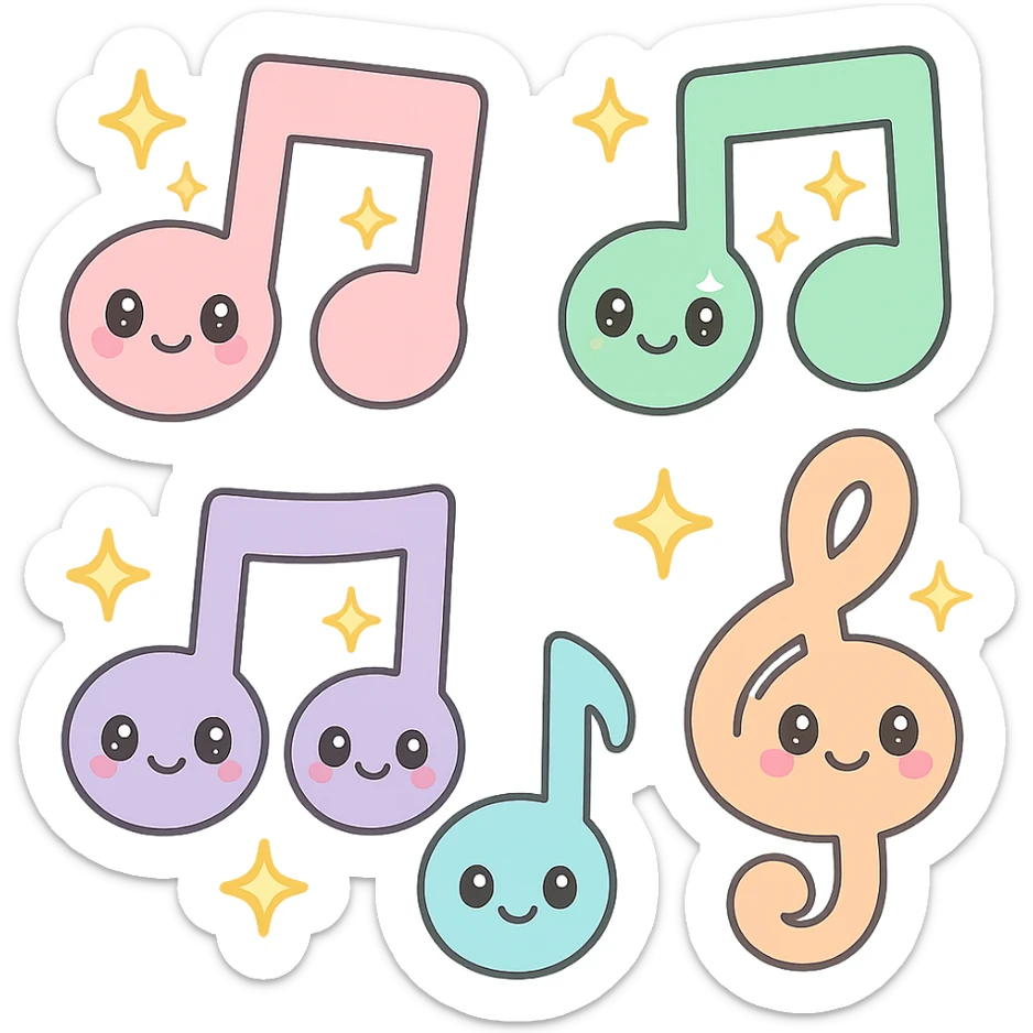 Add sparkling effects to the colorful music notes, keep the kawaii style, cute faces, pastel colors. sticker