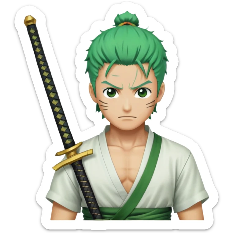 Roronoa Zoro with green hair, three swords, white shirt, green haramaki sticker