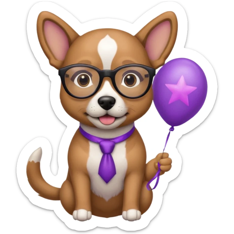 dog holding purple star balloon in hand with black glasses close view  sticker